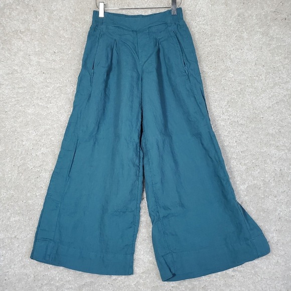 Athleta Women Linen Wide Leg‎ Pants Size 0 Cropped Teal Beach Travel Resort - Picture 1 of 15
